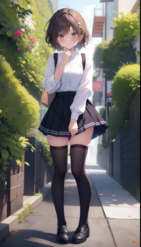 one girl、positive、from above、full body portrait、brown haired、medium haircut、blush、absolute area、knee socks、stockings、black knee-...