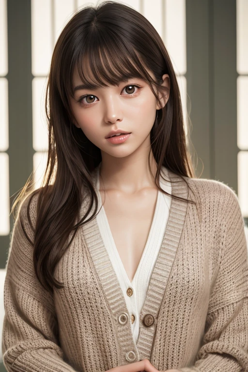 master piece, best quality, ultrahigh res, (photorealistic:1.4), raw photo, 8K photo, Japanese young model, 14 years old, slim face, 
masterpiece, highest quality, Definition of very fine particles, (Symmetrical eyes:1.3),(girly fashion, knit cardigan:1.3), Small breasts, Parted bangs, Brown Hair,  girl, (Eye and facial details:1.0), (Get closer to the face, Zoom in on face, Face Focus:0.1),large beasts,