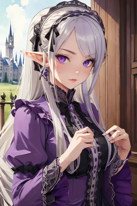 ((best quality)), ((masterpiece)), (detailed), perfect face, girl, arrogant, silver hair, long hair, purple eyes, lolita dress, ...