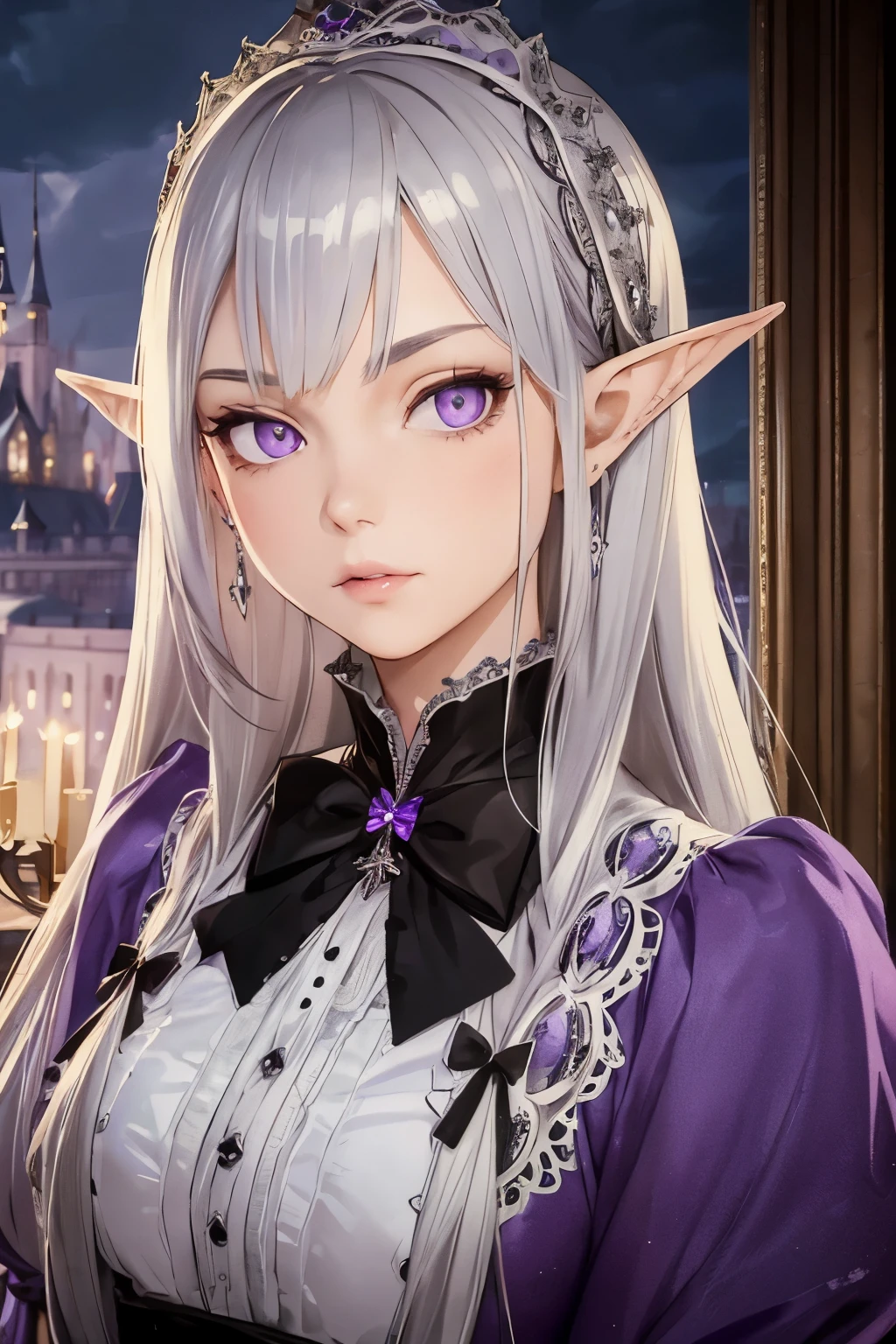 ((best quality)), ((masterpiece)), (detailed), perfect face, girl, arrogant, silver hair, long hair, purple eyes, lolita dress, elf ears, castle on background