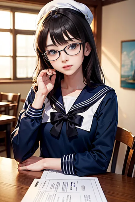 (Tabletop, highest quality:1.2), 8k, Official Art, RAW Photos,  Glasses、(Upper Body, Sailor suit,:1.4), beautiful girl, Idol&#39...