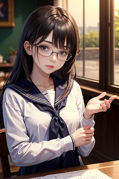 (Tabletop, highest quality:1.2), 8k, Official Art, RAW Photos,  Glasses、(Upper Body, Sailor suit,:1.4), beautiful girl, Idol&#39...