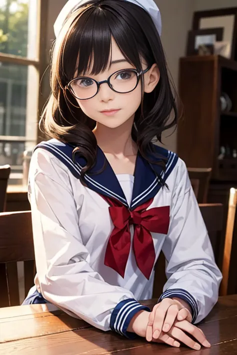 (Tabletop, highest quality:1.2), 8k, Official Art, RAW Photos, Glasses、(Upper Body, Sailor suit,:1.4), beautiful girl, Idol&#39;...