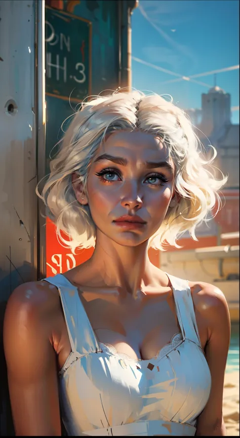 old retro poster, USSR, Soviet Union, neon, photo shoot, Daenerys Targaryen, with short white wavy hair, hairstyle 30x, expressi...