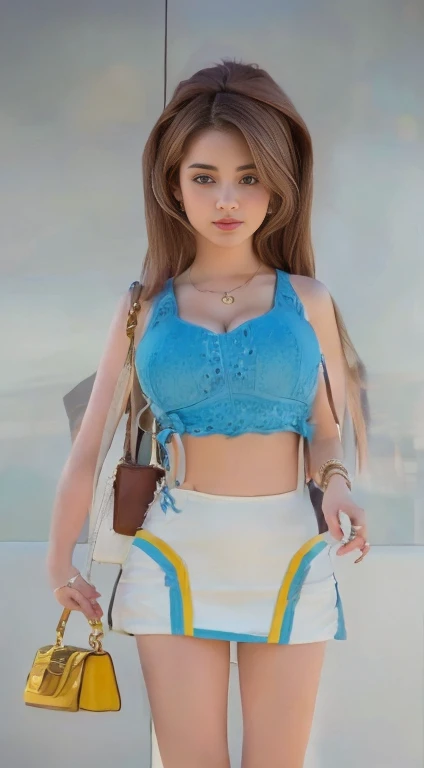 A beautiful  girl, brunette, top and mini skirt, handbag, 12k UHD, very  large  breasts, cute, 18 years  old, ((european)), ultra realistic 