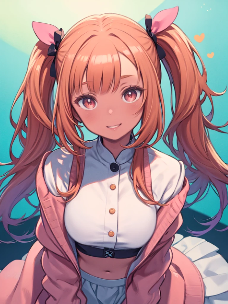 Anime girl with pink hair and white shirt and brown jacket、Dark Skin++++, Sunburned, Dark Brown Skin 1:5, Orange Hair+++, Twin tails++, Pink Eyes+++, Large Breasts+, Fuller lips, Thick lips, Bow symbol++, Heart symbol++, Fine grain, 4k digital art, High resolution+, White Skirt, Pink Cardigan, White crop top, difficult , Big Lips+, Grin, Big eyes+, Rainbow on background+, close, peace sign+, Garden Background, they are+, Sky view, Detailed Background,