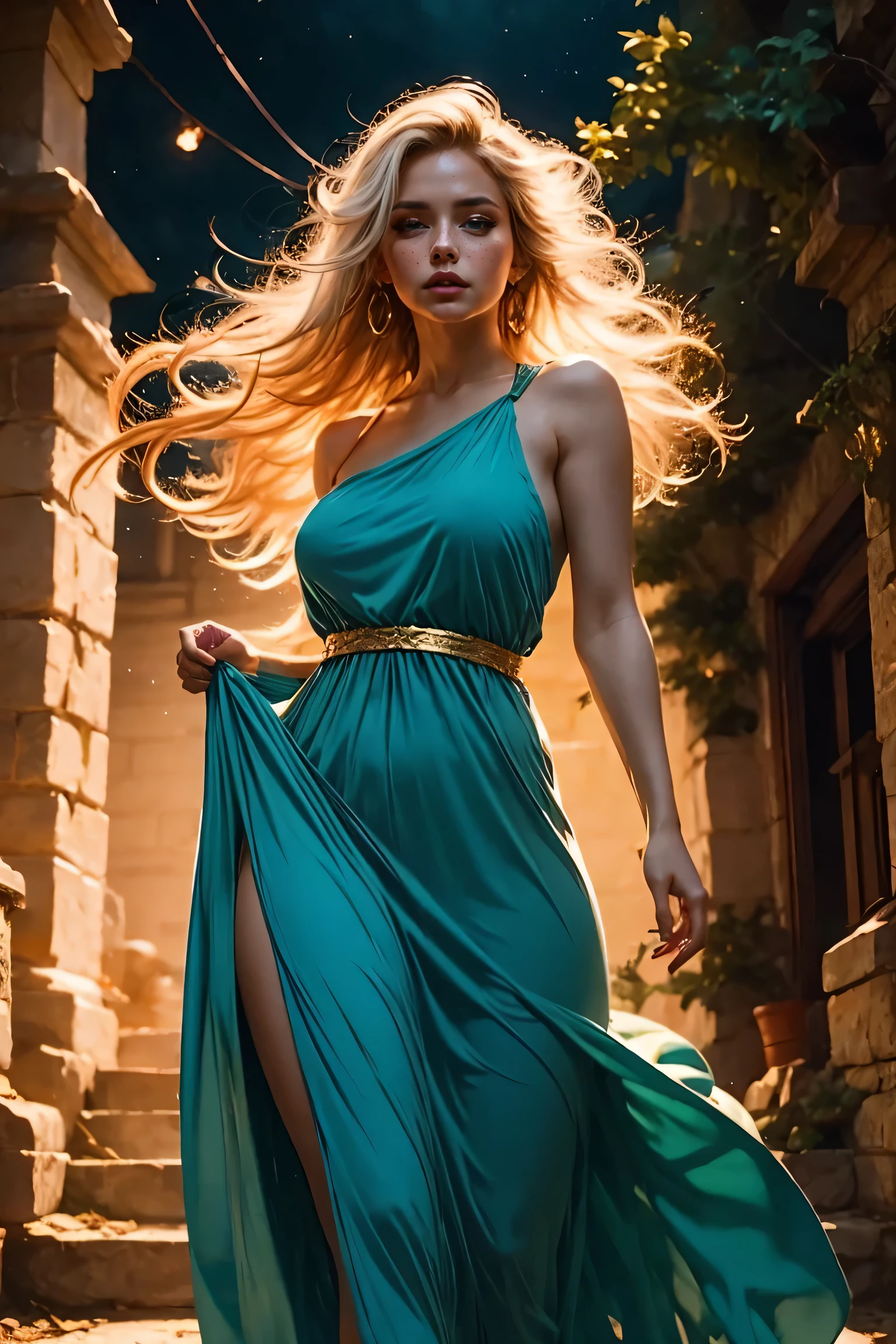 A elf in a long dress being lifted by the wind, straight long white hair, soft moss, ornament of gold, deep forest, deep blue tones, dark atmosphere, brush painting style, sketch, vibrant colors, soft lighting, (masterpiece, best quality:1.2)
