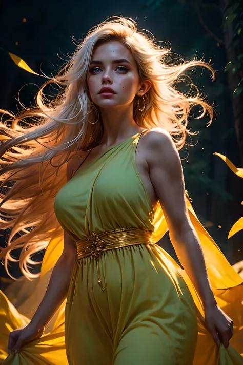 A elf in a long dress being lifted by the wind, straight long white hair, soft moss, ornament of gold, deep forest, deep blue to...