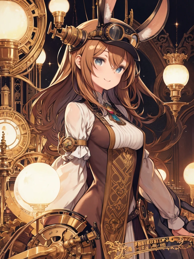 steampunkの衣装を着てワイングラスを持っている女性、(high quality, High resolution, Fine details), Woman with rabbit ears, steampunk, Mechanical Goggles, Metallic clothing, Gear Accessories, Gears of the machine, Vintage Machinery, Brass accents, Copper Tone, Soft lighting, Glamorous decoration, Spectacular architecture, Victorian influence, Vintage Sepia Tone, Air Steamship Flying in the Sky, Magical steam powered device, Mechanical clockwork, Mysterious glow, Airship flying above, Charming cobblestone streets, Aesthetics of the Industrial Revolution, Carefully styled hairstyle, Elaborate Top Hat, beautiful textured fabric, steampunk gadgetry, alone, Curvy Women, Sparkling eyes, (Fine grain:1.2), smile, Oily skin, Shallow depth of field