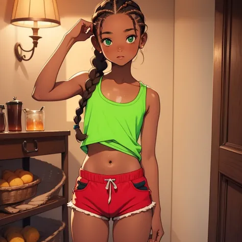 Girl with dark skin, 12 years old，Very short stature，Very flat chest，Brown hair braided in box braids, Green Eyes, Red Tank Top,...
