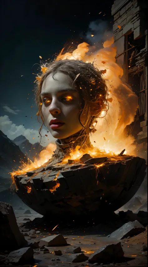 stone head explodes into thousands of pieces, masterpiece oil painting