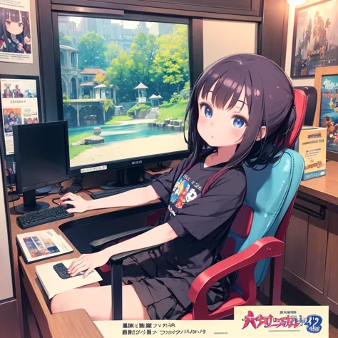 Chairに座ってビデオgameをしている女の子、masterpiece, highest quality,Super detailed, ,5yo,Movie angle,playing game,game_center, scenery, Arcade...