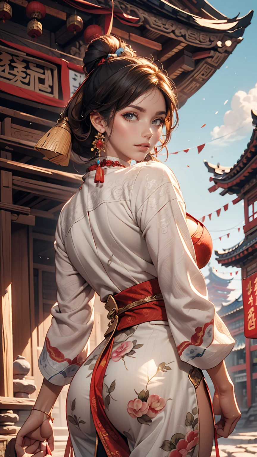 {{obra maestra, de la máxima calidad, CG muy detallado, fondo de pantalla de unidad 8k, Iluminación de cine}}, pintura tradicional china en tinta, Una chica, todo el cuerpo, arquitectura antigua, cielo azul, día soleado, construccion de madera, Protagonistas famosos, sonrisa, ojos grandes, Hermosos detalles finos, (pechos grandes, escote), culo redondo, mirando a la audiencia, Pestañas largas,