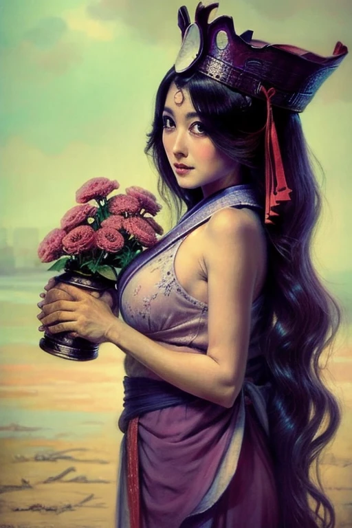 arafed woman aged 23 in a kimono with flowers on her head, beautiful digital artwork, beautiful digital illustration, beautiful digital painting, gorgeous digital painting, artwork in the style of guweiz, photorealistic anime girl render,colossal big full round natural breasts, best quality photorealistic gorgeous skin, best quality gorgeous fit booty,  smooth anime cg art, beautiful digital art, great digital art with details, stunning digital illustration, detailed digital anime art, render of april, beautiful anime portrait