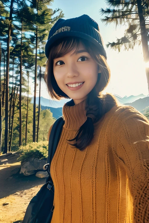 1 woman, ((upper body selfie, happy)), masterpiece, best quality, ultra-detailed, solo, Slender Japanese woman, 30 years old, outdoors, (night), mountains, nature, (stars, moon) cheerful, backpack, sleeping bag, camping stove, water bottle, mountain boots, gloves, sweater, hat, flashlight, forest, rocks, river, wood, smoke, shadows, contrast, clear sky, analog style (look at viewer:1.2) (skin texture) (film grain:1.3), (warm hue, warm tone) :1.2), close up, cinematic light, sidelighting, ultra high res, best shadow, RAW, wearing pullover