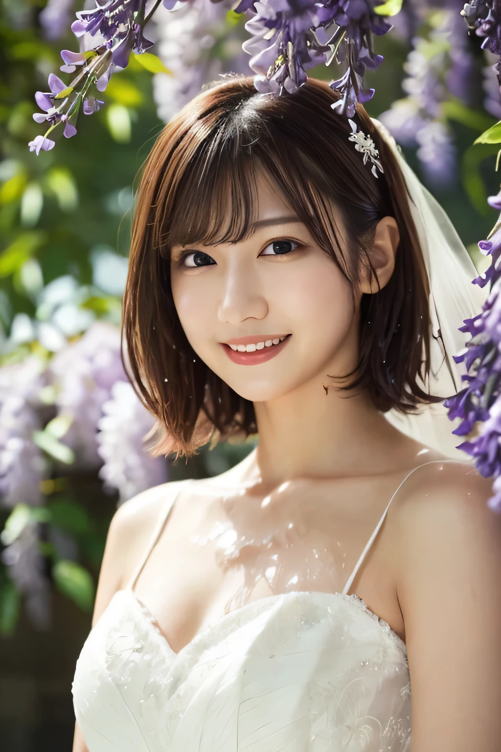 One Girl, (Wear a wedding dress:1.2), (Beautiful Japanese idol portrait photos),
(Under the wisteria trellis:1.3),
(RAW Photos, highest quality), (Realistic, photo-Realistic:1.4), masterpiece, 8K Portrait,
Very delicate and beautiful, Very detailed, 2k wallpaper, wonderful, In detail, Very detailed CG unity 8k wallpaper, 
Very detailedな, High resolution, 
Soft Light, Beautiful detailed girl, Very detailed eyes and face, Beautiful and sophisticated nose, Beautiful details,
Cinema Lighting, Perfect Anatomy, 
Slender body, Flat Chest, Semi-short hair, Parted bangs, (Wet with rain:1.2), Bokeh, Dynamic Angle, A light smile,