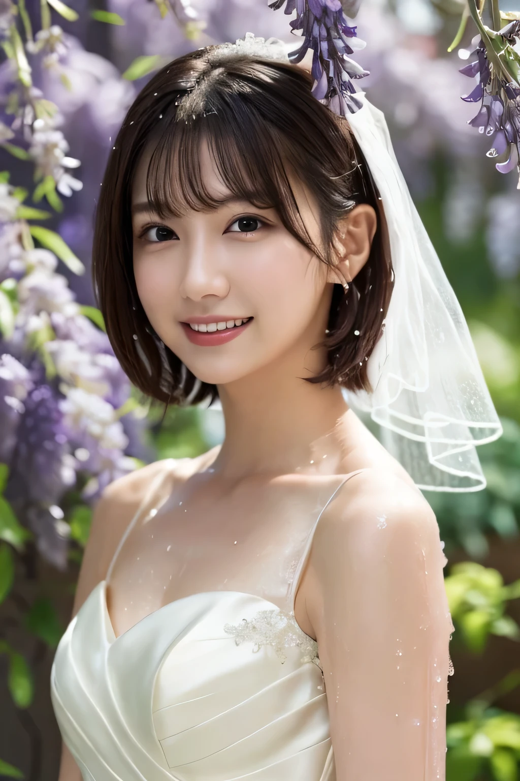 One Girl, (Wear a wedding dress:1.2), (Beautiful Japanese idol portrait photos),
(Under the wisteria trellis:1.3),
(RAW Photos, highest quality), (Realistic, photo-Realistic:1.4), masterpiece, 8K Portrait,
Very delicate and beautiful, Very detailed, 2k wallpaper, wonderful, In detail, Very detailed CG unity 8k wallpaper, 
Very detailedな, High resolution, 
Soft Light, Beautiful detailed girl, Very detailed eyes and face, Beautiful and sophisticated nose, Beautiful details,
Cinema Lighting, Perfect Anatomy, 
Slender body, Flat Chest, Semi-short hair, Parted bangs, (Wet with rain:1.2), Bokeh, Dynamic Angle, A light smile,