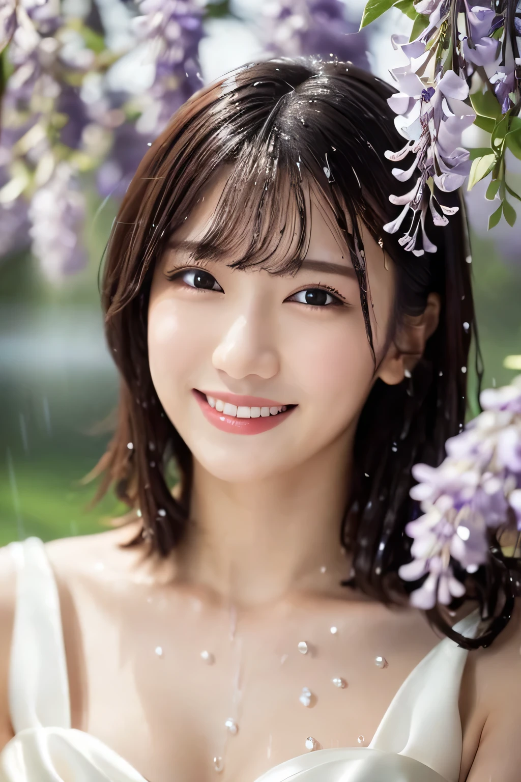 One Girl, (Wear a wedding dress:1.2), (Beautiful Japanese idol portrait photos),
(Under the wisteria trellis:1.3),
(RAW Photos, highest quality), (Realistic, photo-Realistic:1.4), masterpiece, 8K Portrait,
Very delicate and beautiful, Very detailed, 2k wallpaper, wonderful, In detail, Very detailed CG unity 8k wallpaper, 
Very detailedな, High resolution, 
Soft Light, Beautiful detailed girl, Very detailed eyes and face, Beautiful and sophisticated nose, Beautiful details,
Cinema Lighting, Perfect Anatomy, 
Slender body, Flat Chest, Semi-short hair, Parted bangs, (Wet with rain:1.2), Bokeh, Dynamic Angle, A light smile,