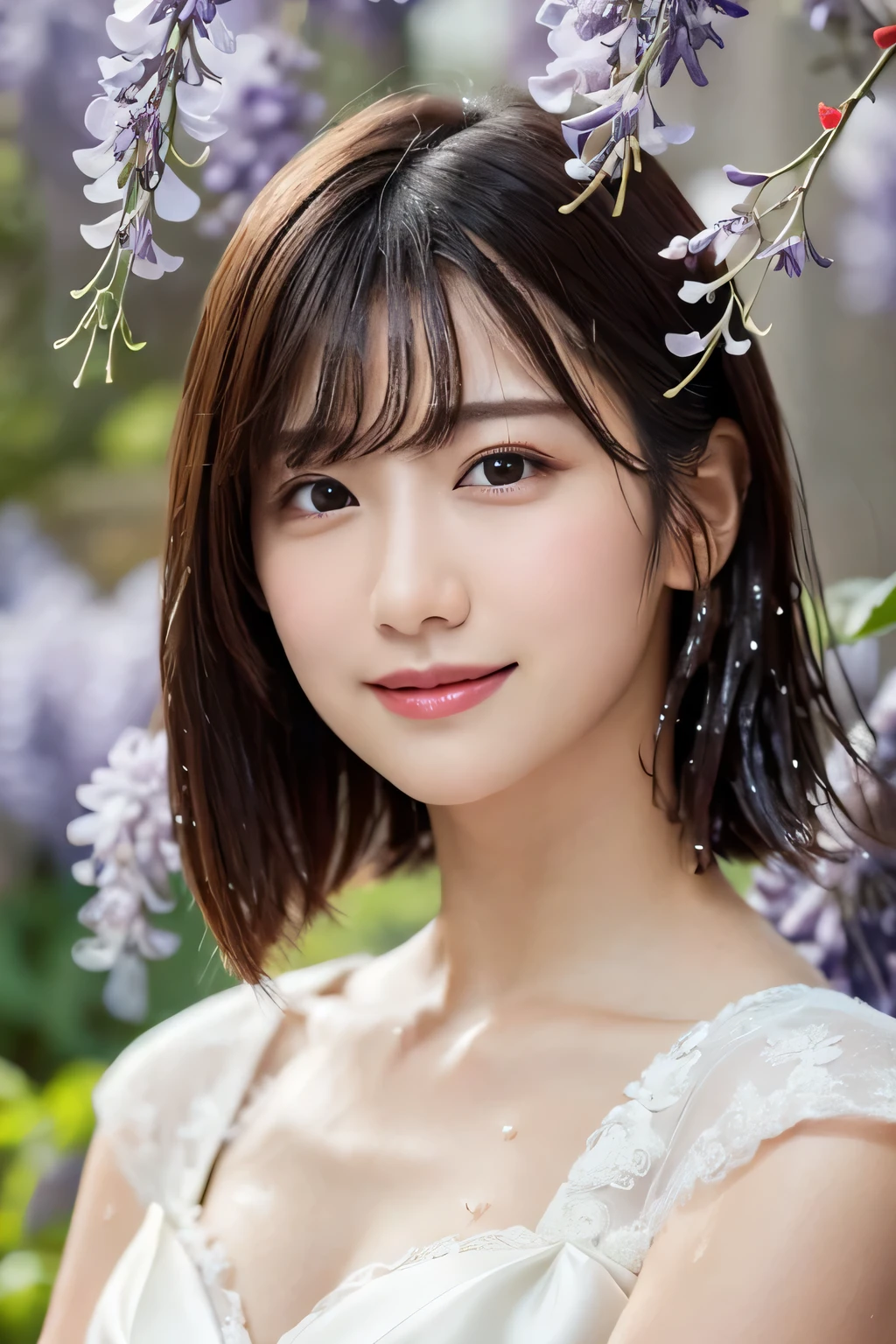 One Girl, (Wear a wedding dress:1.2), (Beautiful Japanese idol portrait photos),
(Under the wisteria trellis:1.3),
(RAW Photos, highest quality), (Realistic, photo-Realistic:1.4), masterpiece, 8K Portrait,
Very delicate and beautiful, Very detailed, 2k wallpaper, wonderful, In detail, Very detailed CG unity 8k wallpaper, 
Very detailedな, High resolution, 
Soft Light, Beautiful detailed girl, Very detailed eyes and face, Beautiful and sophisticated nose, Beautiful details,
Cinema Lighting, Perfect Anatomy, 
Slender body, Flat Chest, Semi-short hair, Parted bangs, (Wet with rain:1.2), Bokeh, Dynamic Angle, A light smile,