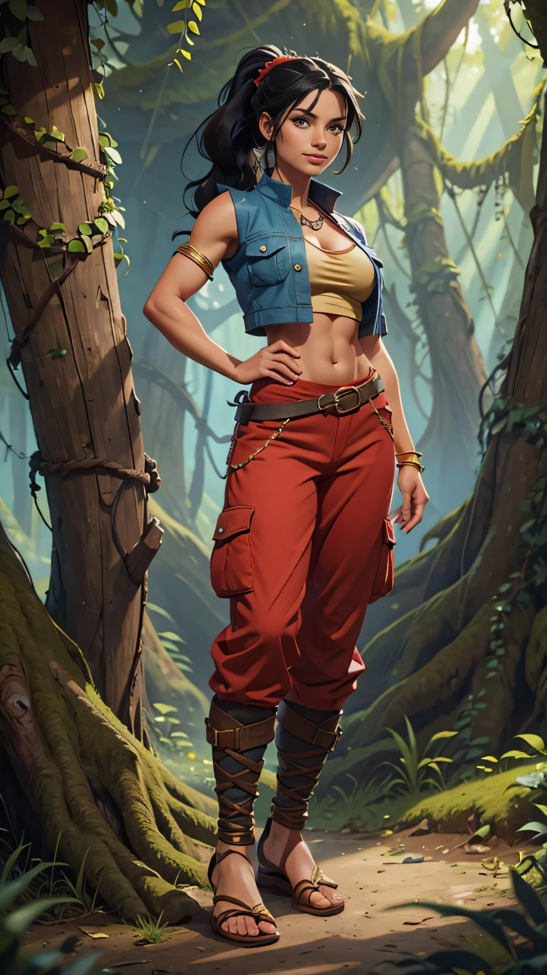 Barbarian Druid outfit, woodland armor, flowers and vines made into an outfit, Solo, female, slightly muscular, slightmuscle, big blue eyes, fantasy outfit, forest, pants, cropped jacket, modest clothingBlack hair, Black curly long hair in a ponytail, light blue eyes, tall and Toned woman, Barbarian woman, full body, aesthetic, beautiful woman,fantasy clothing, (masterpiece, best quality:1.2), solo, 1girl, smile, looking at viewer, ponytail, sandals, bare arms, no sleeves, red and blue outfit, cargo pants, red shirt, blue pants, gold accessories