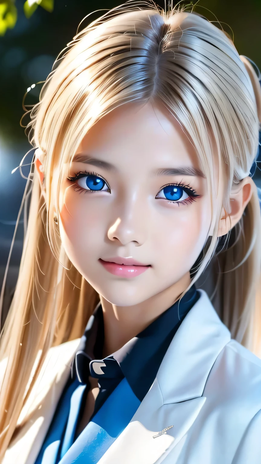 Portrait、(School uniform)、Bright expression、ponytail、Young shiny glossy white glossy skin、Great looks、Blonde reflection、Platinum blonde hair with dazzling highlights、Shiny bright hair,、Smooth, super long, straight hair、Shiny beautiful bangs、Sparkling, clear, attractive, big, bright blue eyes、Very beautiful, lovely and cute 16 year old girl、Ample Bust、With slit、((I could see the whole body))、Double eyelids、