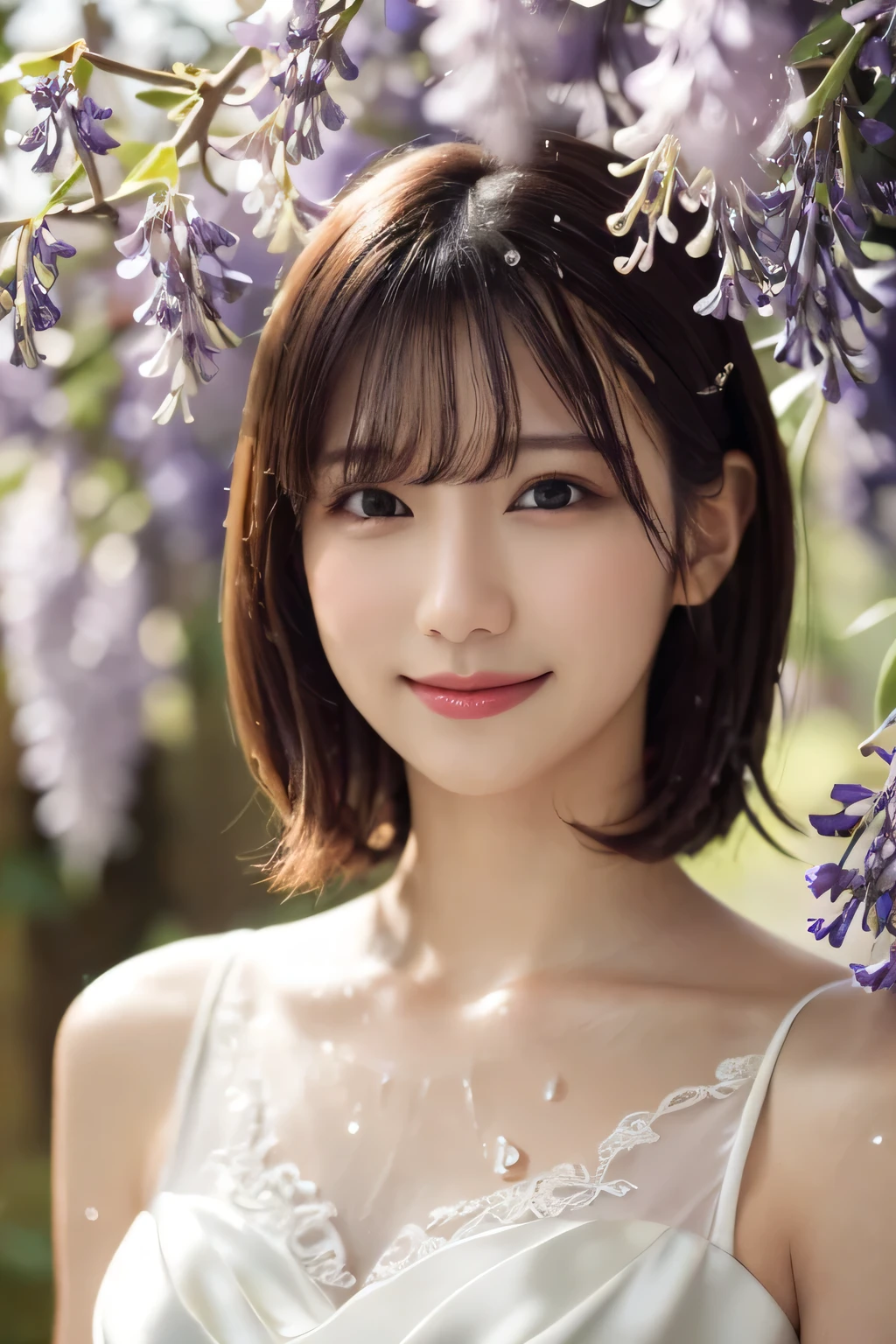 One Girl, (Wear a wedding dress:1.2), (Beautiful Japanese idol portrait photos),
(Under the wisteria trellis:1.3),
(RAW Photos, highest quality), (Realistic, photo-Realistic:1.4), masterpiece, 8K Portrait,
Very delicate and beautiful, Very detailed, 2k wallpaper, wonderful, In detail, Very detailed CG unity 8k wallpaper, 
Very detailedな, High resolution, 
Soft Light, Beautiful detailed girl, Very detailed eyes and face, Beautiful and sophisticated nose, Beautiful details,
Cinema Lighting, Perfect Anatomy, 
Slender body, Flat Chest, Semi-short hair, Parted bangs, (Wet with rain:1.2), Bokeh, Dynamic Angle, A light smile,