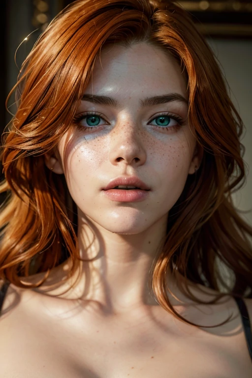 masterpiece, best quality, ultra high-res, striking red hair cascading down to her shoulders, detailed face, perfect freckles, young and vibrant, intense green eyes, flawless skin, smooth and blemish-free, natural lip color, slightly parted lips, captivating gaze, direct eye contact, close-up shot, 8k, best quality, cinematic lighting, intricate details, hyper-detailed, hyperrealistic.