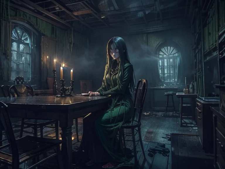 horror anime, cinematic, dramatic, full body, dynamic view, medium angle, low fog effect, HD8K quality, beautiful ghostly maiden, long hair, green eyes, ironic and provocative look, helping herself to worms, sitting at a long table in a ruined dining room, accompanied by animated skeletons, Victorian trend, dark atmosphere, ironic macabre,