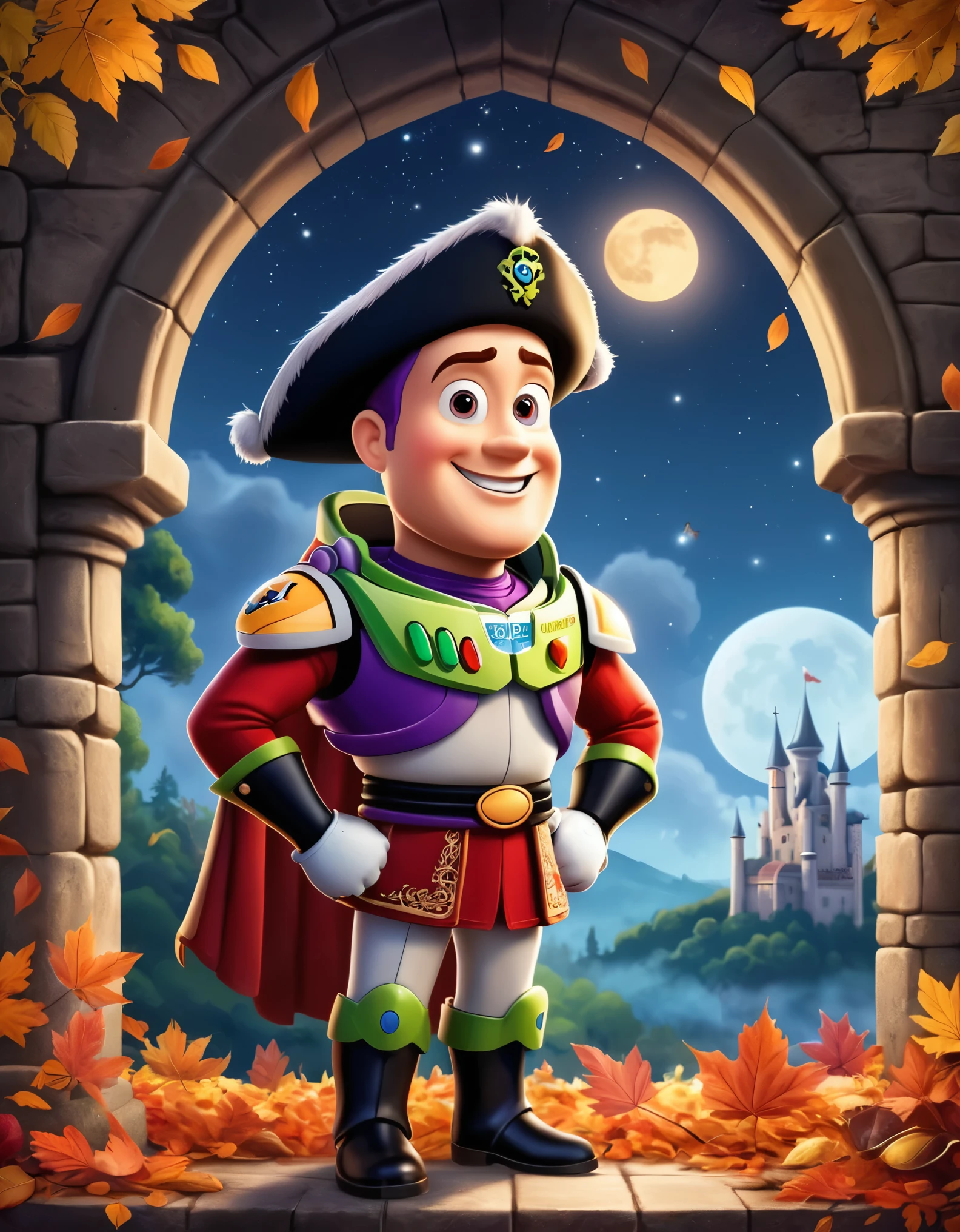 Cute cartoon illustration, (masterpiece in maximum 16K resolution, superb quality, ultra detailed:1.3), menacing ((Buzz Lightyear)) holding a decorative sharp scythe with the ((heart-shaped glowing top)), ((wearing an intricately designed sophisticated full dark cloak)) of purple, summer forest cemetery at misty night, (grand obelisk), ((blurry background)).