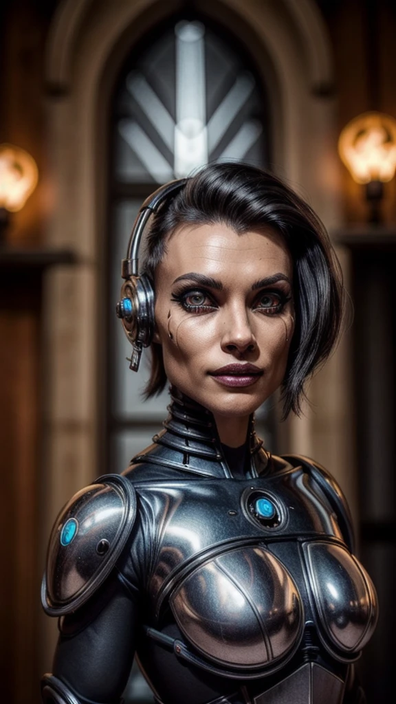 (InquisitorKatarinyaGreyfax), ((FACE ,yvraine)), Inquisitor, , power armor, short hair, black hair, bionic eye,
whsororitas