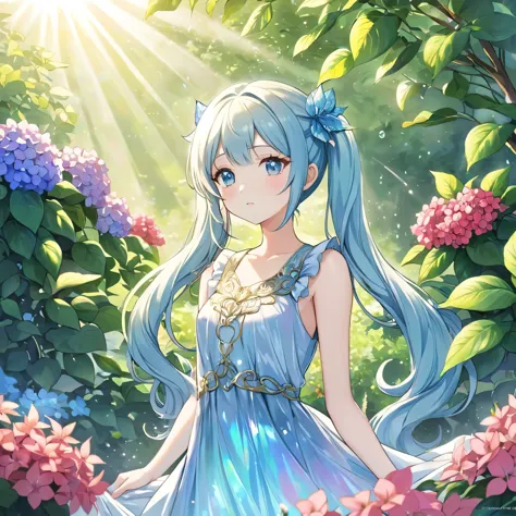 girl in the garden,light blue long hair、twin tails ,red and blue hydrangea flowers,pastel colour,highest quality,mediate:dream-l...