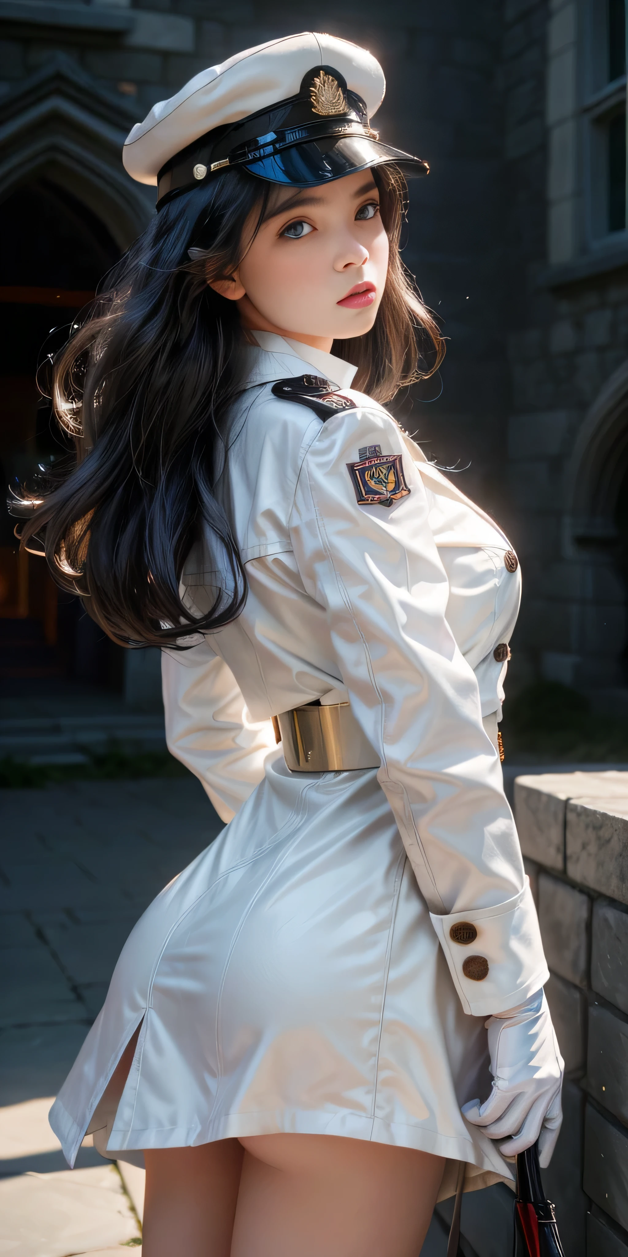 Very detailed CG, 1 girl, red face, slightly open lips, wet body, plump and symmetrical breasts, raised buttocks, long white trench coat, two-breasted buttons, buttoned well, white military cap, white gloves, white boots, green wavy curls, leather whip, chest bump close-up, buttocks close-up, multiple angles, black sky, gloomy castle, dynamic angle, flowing, 8k wallpaper, masterpiece, best quality, super detailed, best lighting, best shadows