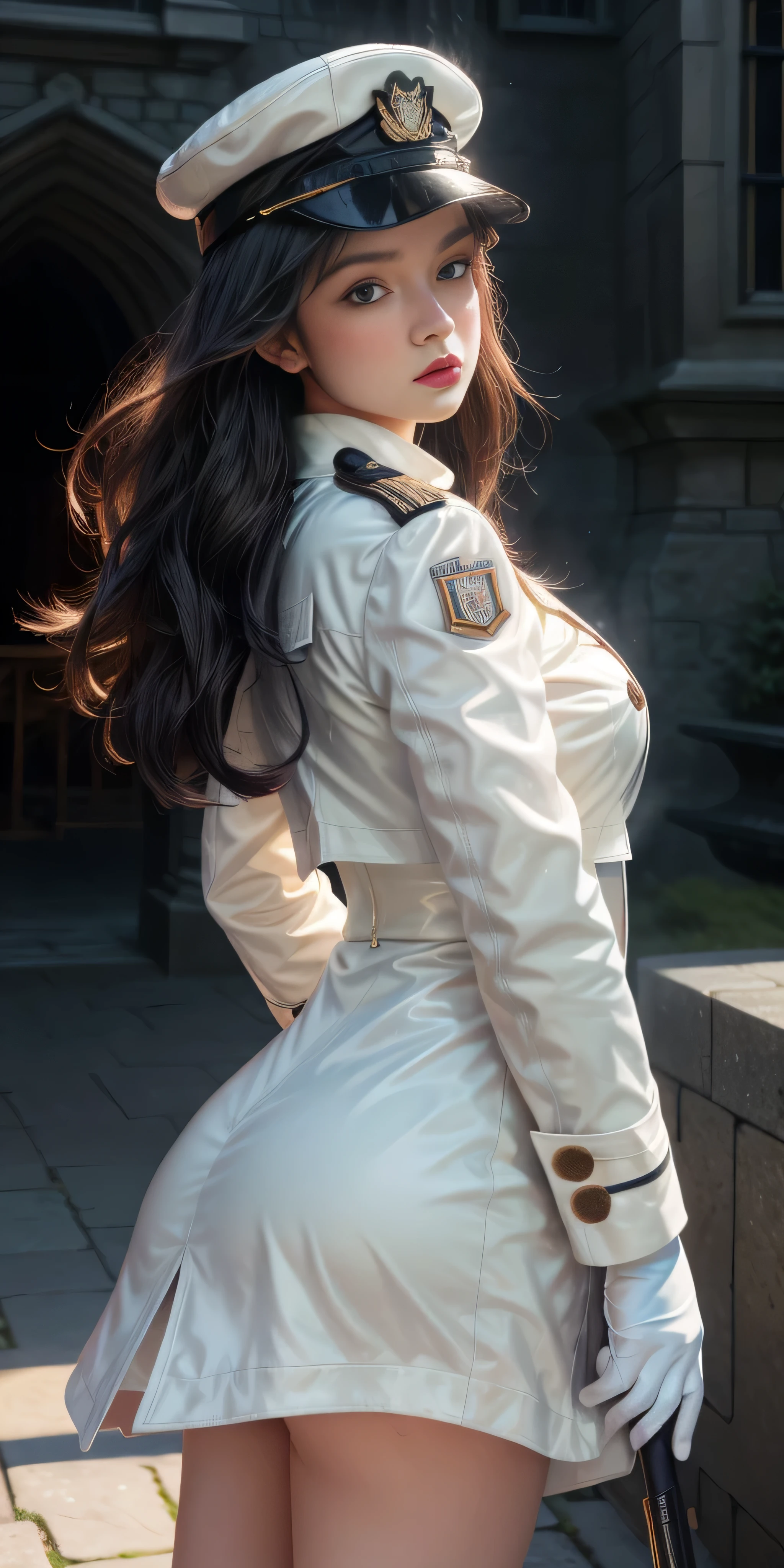 Very detailed CG, 1 girl, red face, slightly open lips, wet body, plump and symmetrical breasts, raised buttocks, long white trench coat, two-breasted buttons, buttoned well, white military cap, white gloves, white boots, green wavy curls, leather whip, chest bump close-up, buttocks close-up, multiple angles, black sky, gloomy castle, dynamic angle, flowing, 8k wallpaper, masterpiece, best quality, super detailed, best lighting, best shadows