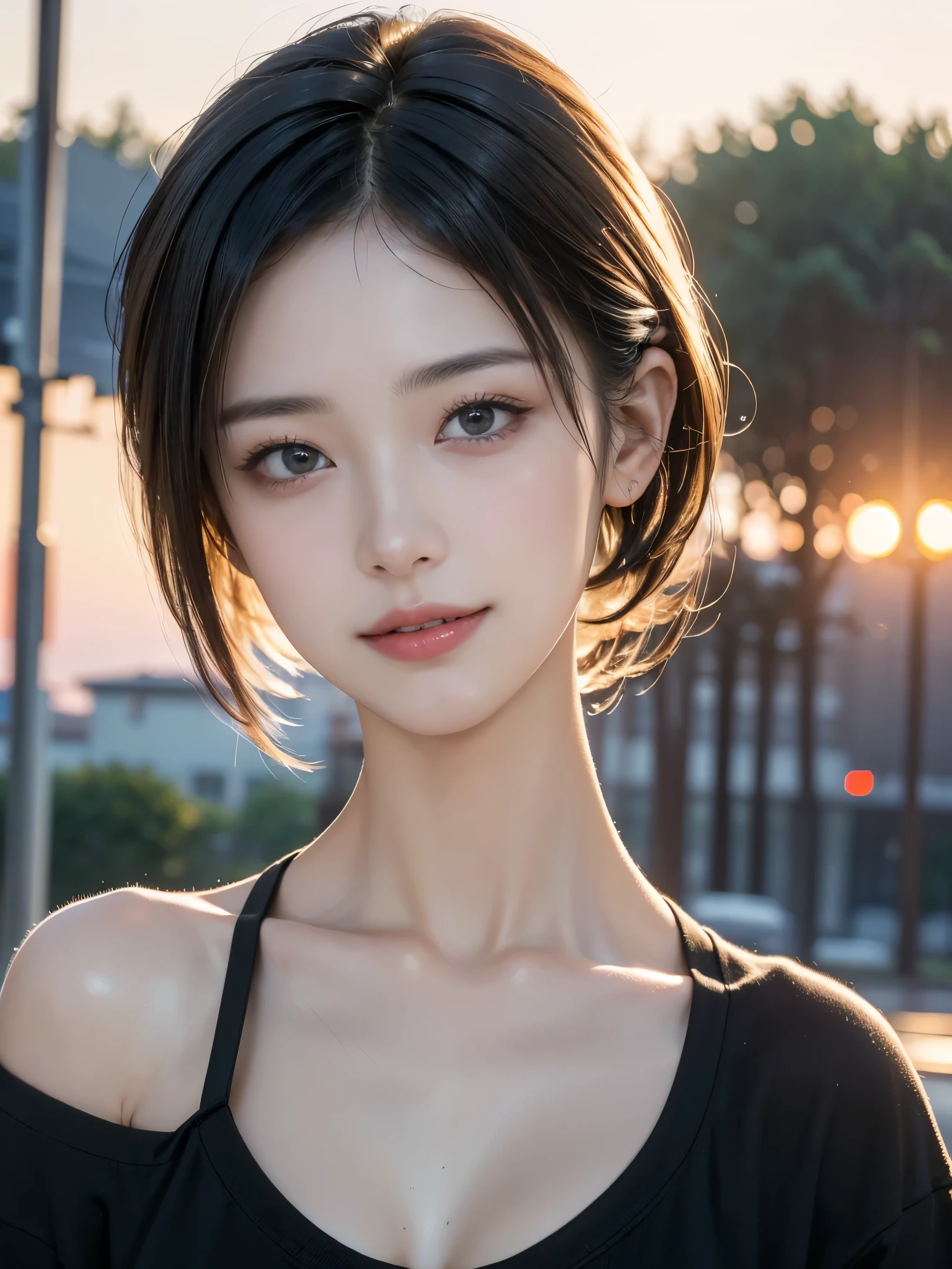 (highest quality,masterpiece:1.3,Ultra-high resolution),(Very detailed,8k), (Realistic:1.4, RAW shooting),Sunset sky,Japanese,20-year-old,smile,Black Short Hair,Black Shirt,Bust up shot,Face Focus,Face close-up,Natural light,Illuminate from below,Professional Lighting