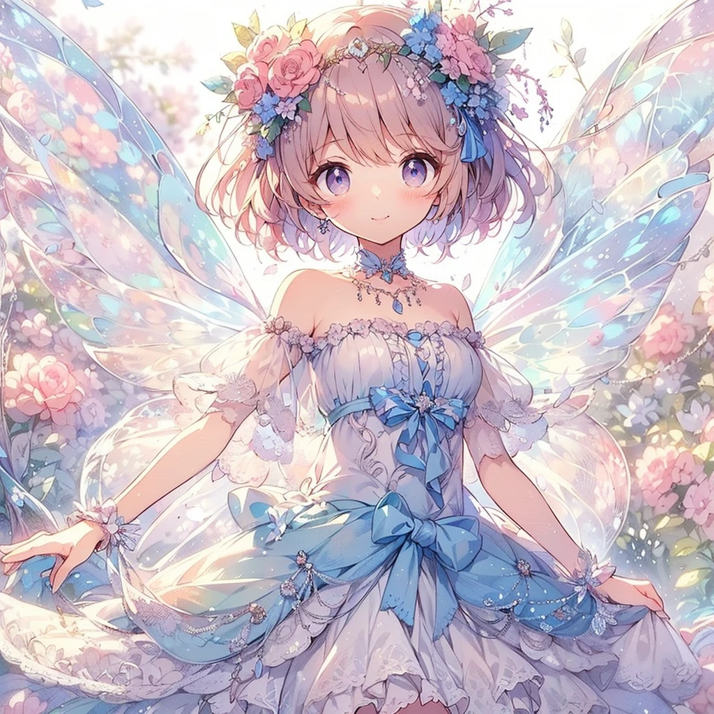 (Exquisite, beautiful, Very detailed, masterpiece, High resolution,high quality,High resolution), (Exquisite, beautiful, Very detailed, masterpiece, high quality,High resolution),(Well-formed face,Soft and thin lines: 1.2, Beautiful and delicate illustrations with a mature and transparent feel, Pixiv-inspired anime illustration,Cute pastel-colored girl-style illustrations that are going viral among Japanese people on Twitter),  A fairy with a delicate face and a transparent look on the tree々I am walking through a beautiful, fantastical fairy forest with lush plants and blooming flowers.,front,Whole body,whole body),(Transparent fairy wings grow from your back), (smile), (Tiara, earrings and choker),(Ball gown dress with balloon sleeves decorated with ribbons, lace and frills), (Pale pink blush, Plump pink lips,Large Bust,Fair skin, Good style),Bright colors,Eye-catching colors,Dynamic Angles,watercolor style,Beautiful and fantastic forest