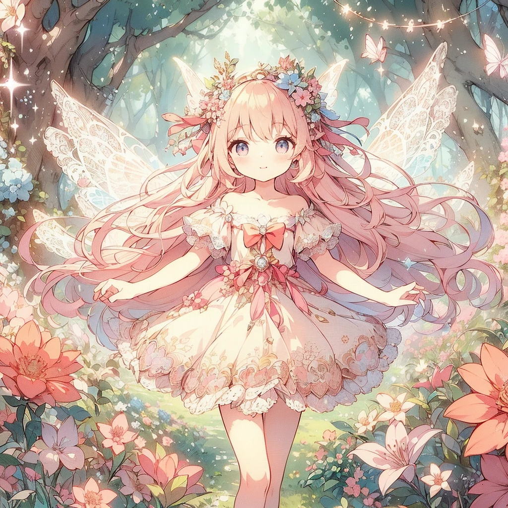 (Exquisite, beautiful, Very detailed, masterpiece, High resolution,high quality,High resolution), (Exquisite, beautiful, Very detailed, masterpiece, high quality,High resolution),(Well-formed face,Soft and thin lines: 1.2, Beautiful and delicate illustrations with a mature and transparent feel, Pixiv-inspired anime illustration,Cute pastel-colored girl-style illustrations that are going viral among Japanese people on Twitter),  A fairy with a delicate face and a transparent look on the tree々I am walking through a beautiful, fantastical fairy forest with lush plants and blooming flowers.,front,Whole body,whole body),(Transparent fairy wings grow from your back), (smile), (Tiara, earrings and choker),(Ball gown dress with balloon sleeves decorated with ribbons, lace and frills), (Pale pink blush, Plump pink lips,Large Bust,Fair skin, Good style),Bright colors,Eye-catching colors,Dynamic Angles,watercolor style,Beautiful and fantastic forest