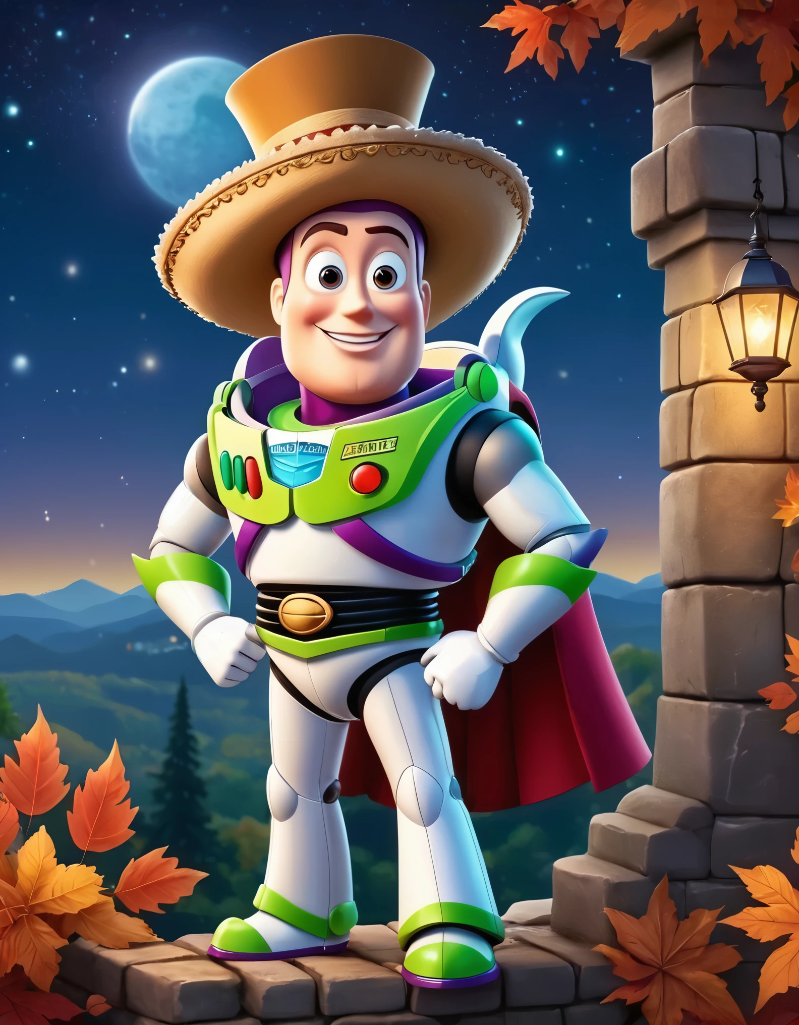 Cute cartoon illustration, (masterpiece in maximum 16K resolution, superb quality, ultra detailed:1.3), menacing ((Buzz Lightyear)) holding a decorative sharp scythe with the ((heart-shaped glowing top)), ((wearing an intricately designed sophisticated full dark cloak)) of purple, summer forest cemetery at misty night, (grand obelisk), ((blurry background)).