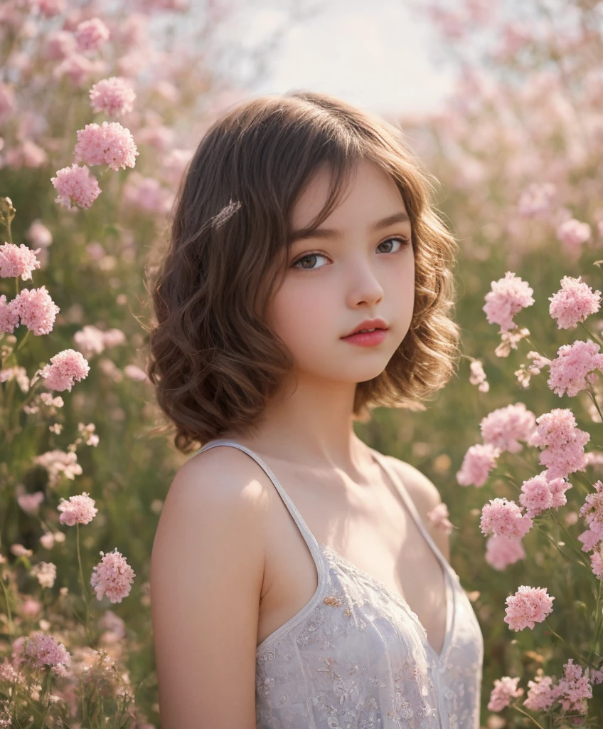 Cinematic Photo:1.3) of (Realistic:1.3),(Cosy:1.3) beautiful 12 year old girl, (intricate cute brown hair), highly detailed skin textures, lifelike skin texture, looking intimately directly at camera, (looking at viewer), pouting lips, Pastel, glitter, dramatic, dreamy, pastel flower garden, elegant, Whimsical, Delicate, Highly detailed, Intricate, UHD digital photo, Fantasy theme, white underwear, Fantasy concept art, glamour girl, beautiful young girl, perfect body, highly detailed full body shot, dreamy, pastel, Watercolor, Whimsical, Delicate, detailed hair ribbon, Highly detailed texture, life like texture, digital painting,Highly Detailed photograph,(Art Deco:1.3),(Photorealism:1.3),(Classical Realism:1.3),(Fujifilm Superia:1.3),naturalism, golden hour light