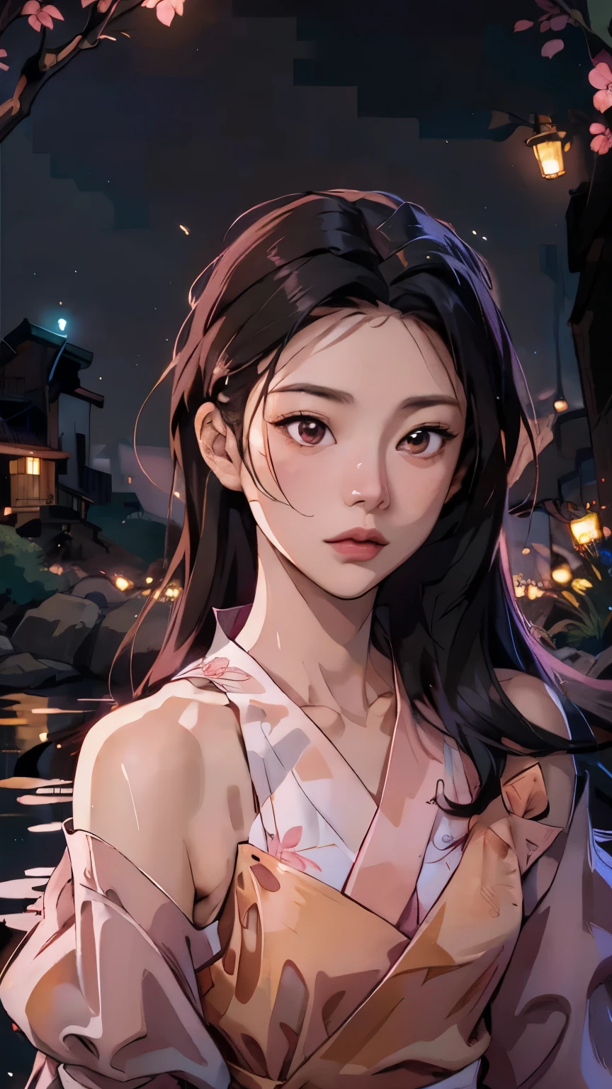 Korean woman age 24, Facing straight, close face, Beautiful picture, good composition, The most beautiful woman in the world, Moonlight reflection river background, Shoulder-showing dress, ((long hair)), mountain hill, ((Off shoulder dress)), river in the middle of the valley, red roses, ((black hair)), ((Small chest)), ((Many fireflies)), firefly night, ((Pink and yellow floating lights))