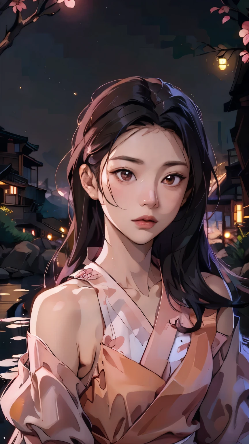 Korean woman age 24, Facing straight, close face, Beautiful picture, good composition, The most beautiful woman in the world, Moonlight reflection river background, Shoulder-showing dress, ((long hair)), mountain hill, ((Off shoulder dress)), river in the middle of the valley, red roses, ((black hair)), ((Small chest)), ((Many fireflies)), firefly night, ((Pink and yellow floating lights))