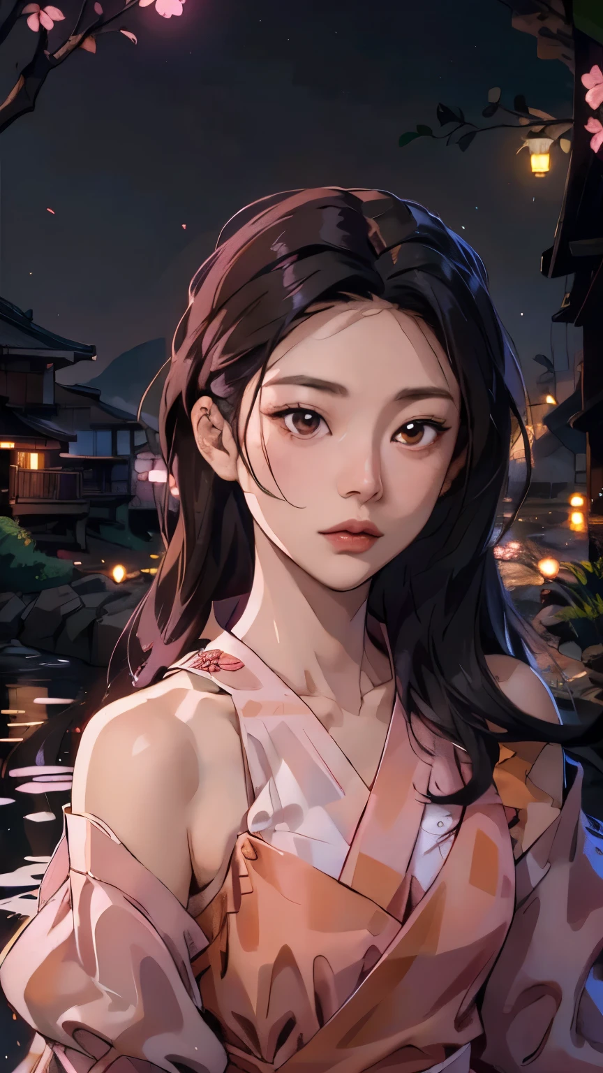 Korean woman age 24, Facing straight, close face, Beautiful picture, good composition, The most beautiful woman in the world, Moonlight reflection river background, Shoulder-showing dress, ((long hair)), mountain hill, ((Off shoulder dress)), river in the middle of the valley, red roses, ((black hair)), ((Small chest)), ((Many fireflies)), firefly night, ((Pink and yellow floating lights))