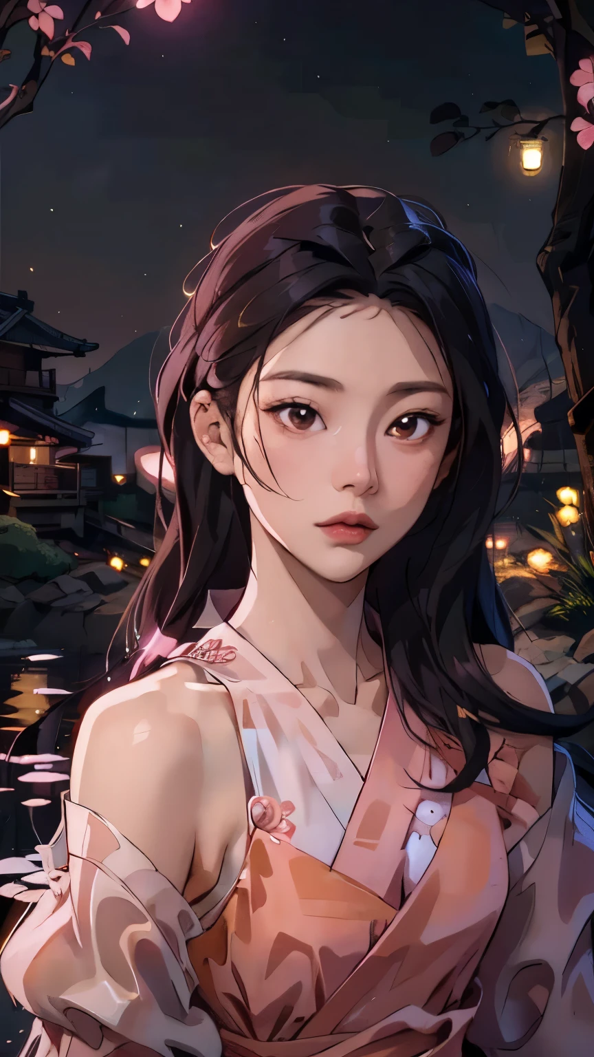 Korean woman age 24, Facing straight, close face, Beautiful picture, good composition, The most beautiful woman in the world, Moonlight reflection river background, Shoulder-showing dress, ((long hair)), mountain hill, ((Off shoulder dress)), river in the middle of the valley, red roses, ((black hair)), ((Small chest)), ((Many fireflies)), firefly night, ((Pink and yellow floating lights))