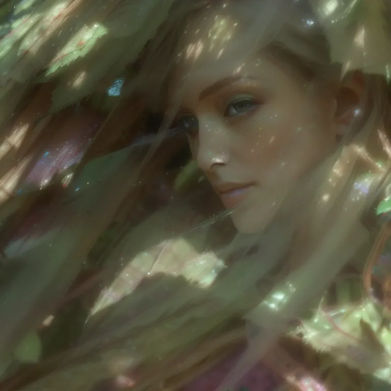 a sylvan beauty, detailed elf-like features, delicate face, large expressive eyes, long eyelashes, detailed skin texture, sparse...