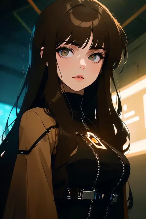 young woman, long brown hair, straight bangs, expressive brown eyes, intricate eyelashes, soft smile, cyberpunk clothes, neon li...