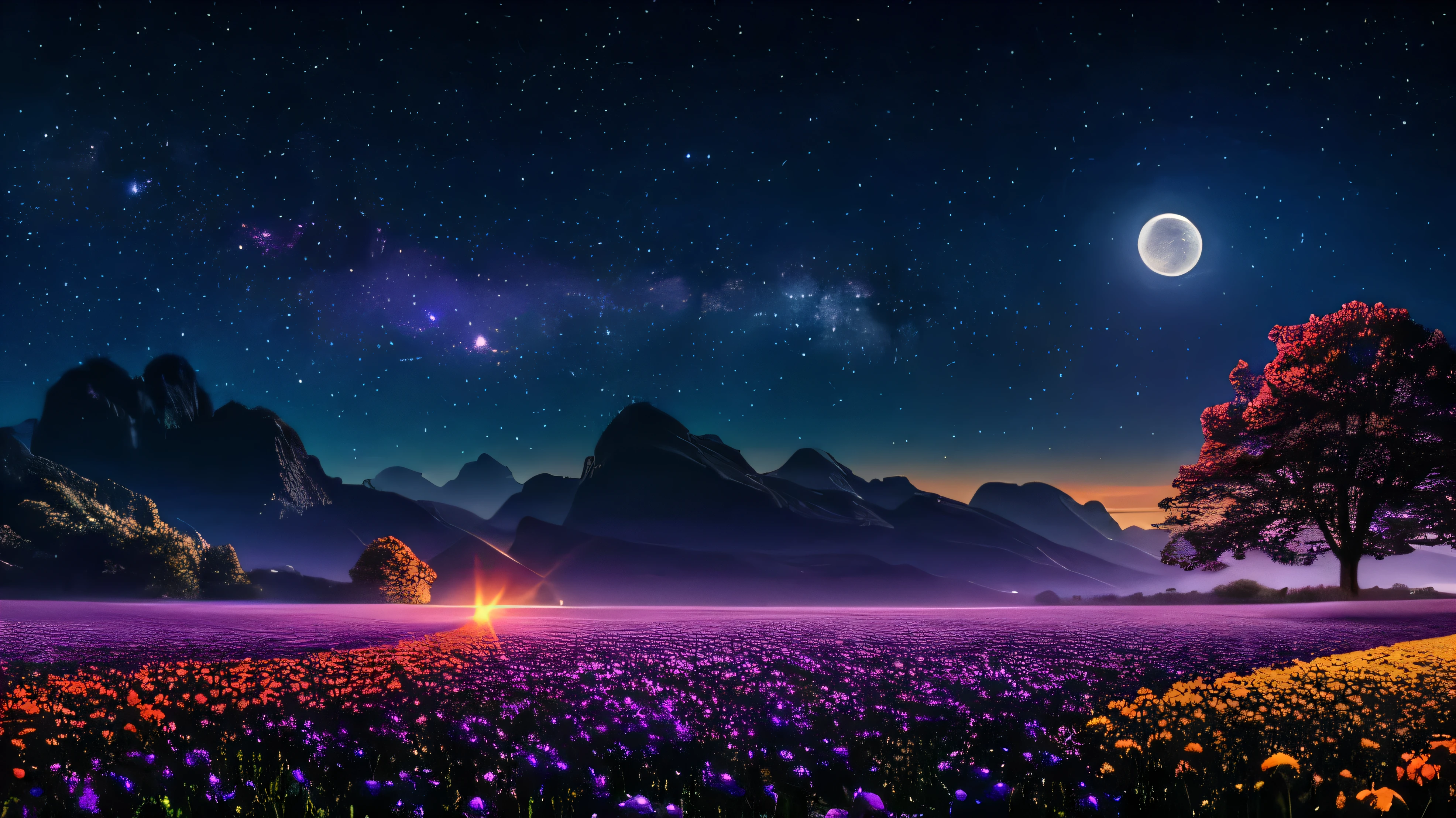 expansive landscape photograph , (a view from below that shows sky above and open field below), a girl standing on flower field looking up, (full moon:1.2), ( shooting stars:0.9), (nebula:1.3), distant mountain, tree BREAK production art, (warm light source:1.2), (Firefly:1.2), lamp, lot of purple and orange, intricate details, volumetric lighting BREAK (masterpiece:1.2), (best quality), 4k, ultra-detailed, (dynamic composition:1.4), highly detailed, colorful details,( iridescent colors:1.2), (glowing lighting, atmospheric lighting), dreamy, magical, (solo:1.2) keep the original image aspect ratio