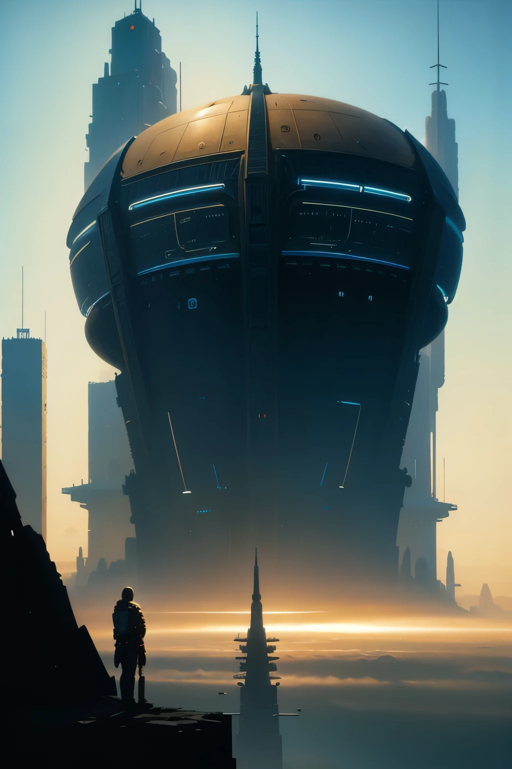 there is a painting of a futuristic city with a giant robot head, jodorowsky's dune, insanely detailed matte painting, peter gric and dan mumford, intricate matte painting, jodorowsky's dune movie, style of john harris, jean giraud 8 k, hyperdetailed matte painting, intricate environments, stunning sci-fi concept art, cgsociety )  