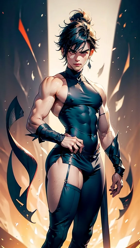 A boy having long legs, thick thighs, large hips, thin and narrow weist, big large feminine breasts, very small spikey boyish haircut, wearing sleeveless tight dress and leggings. Man, man 