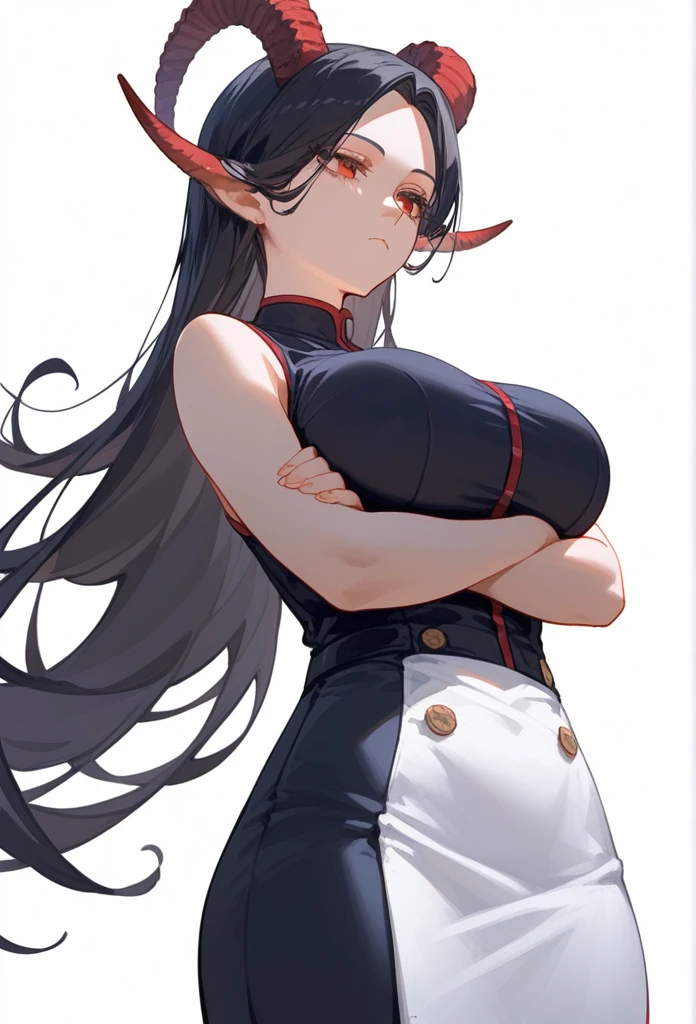 Score_9, Score_8_up, Score_7_up, 1 girl, woman, long hair, black hair, parted bangs, dark red eyes, big breasts, expressionless, sleeveless tob and V-neck, wearing long black tight skirt, squinted eyes, closed mouth, standing, arms crossed, side view, thighs, bottom view, upper body, masterpiece, best quality, white background, long parted bangs, with horns and long ears, con rosas rojas de fondo 