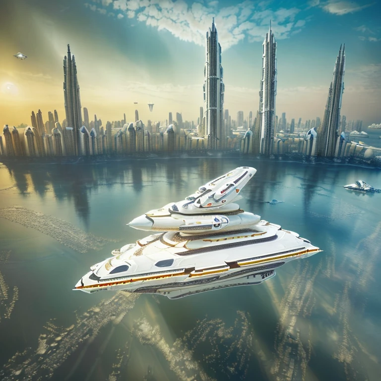 
masterpiece, Best Quality, Photo-realistic, RAW data, Ultra-detailed, High resolution, professional bright lighting, (spaceship of ivory color, luxury liner of space ship, :1.5) (spaceship floating on a future city, skyscraper, :1.8) future, SF, fantasy, super civilization, square frame, outer limit of human imagination, for music album jacket, 