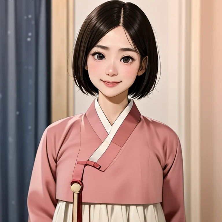 (kawaii 24 year-old Japanese girl, Nogizaka idol, Korean idol), glossy brown hair, (very short hair:1.2), beautiful black eyes, rounded face, narrow shoulders, single eyelid, (no makeup:1.2), grin, (hanbok, Korean traditional cloth), extra small breasts, BREAK, (simple white background:1.2), (view from forward, bust shot, upper body shot, id photo:1.2), BREAK, (masterpiece, best quality, photo realistic, official art:1.4), (UHD, 8K quality wallpaper, high resolution, raw photo, golden ratio:1.3), (shiny skin), professional lighting, physically based rendering, award winning, (highly detailed skin texture, extremely detailed face and eyes textures), Carl Zeiss 85 mm F/1.4, depth of field, (1girl, solo),